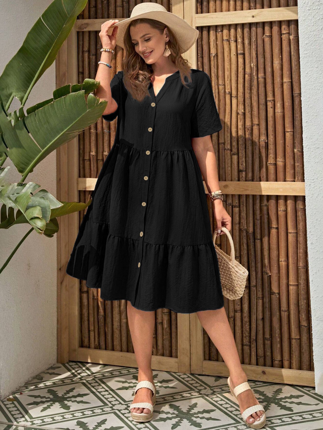 Women's Plus Size Buttoned Dress - Summer Casual V-Neck Short Sleeve Midi Dress CJ US