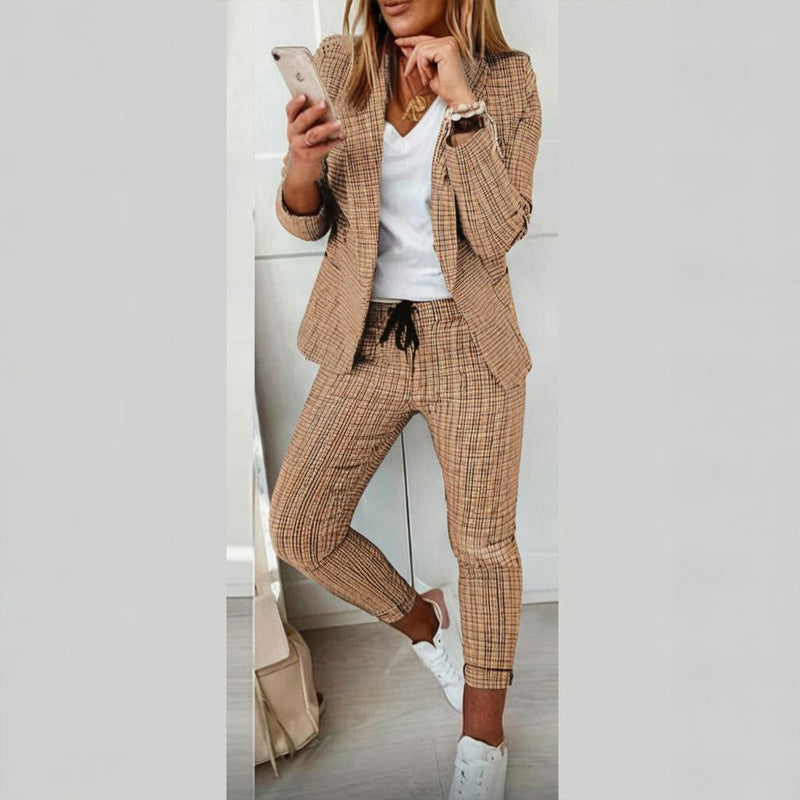 Women's Solid Color Plaid Long Sleeve Suit Two-piece Set With Pockets & Drawstring Waist Office Wear For Spring&Fall CJ US