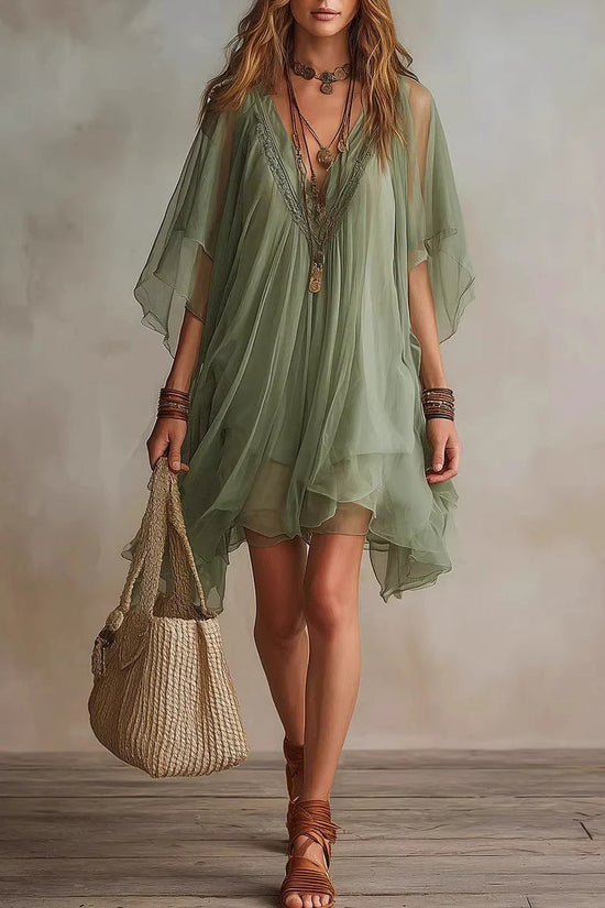 V-neck Chiffon Loose-fitting Resort Blouse And Beach Skirt 