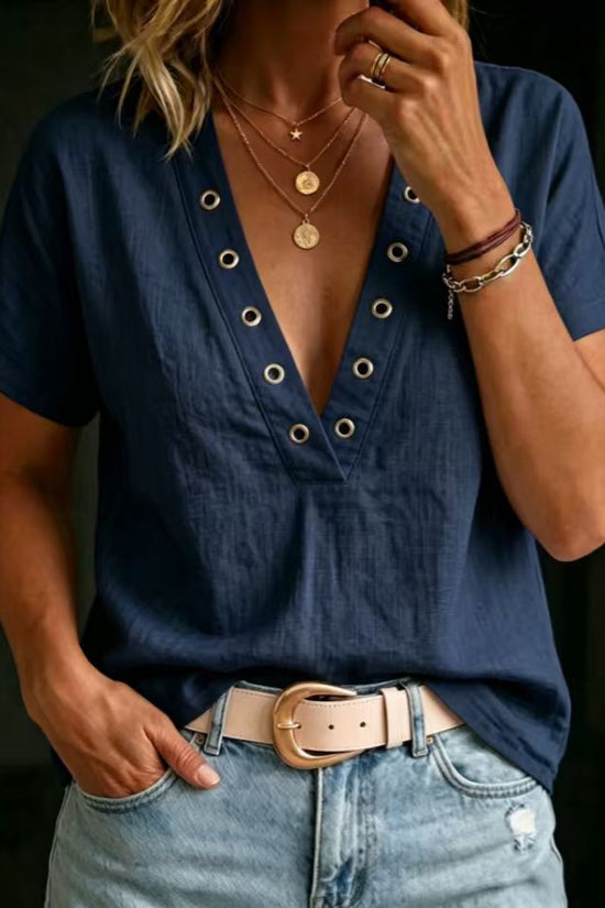 Loose-fitting Casual V-neck Short-sleeve Solid-color Womens Shirt 