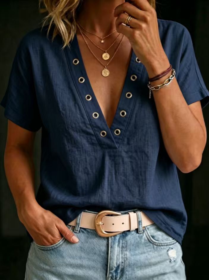 Loose-fitting Casual V-neck Short-sleeve Solid-color Womens Shirt 