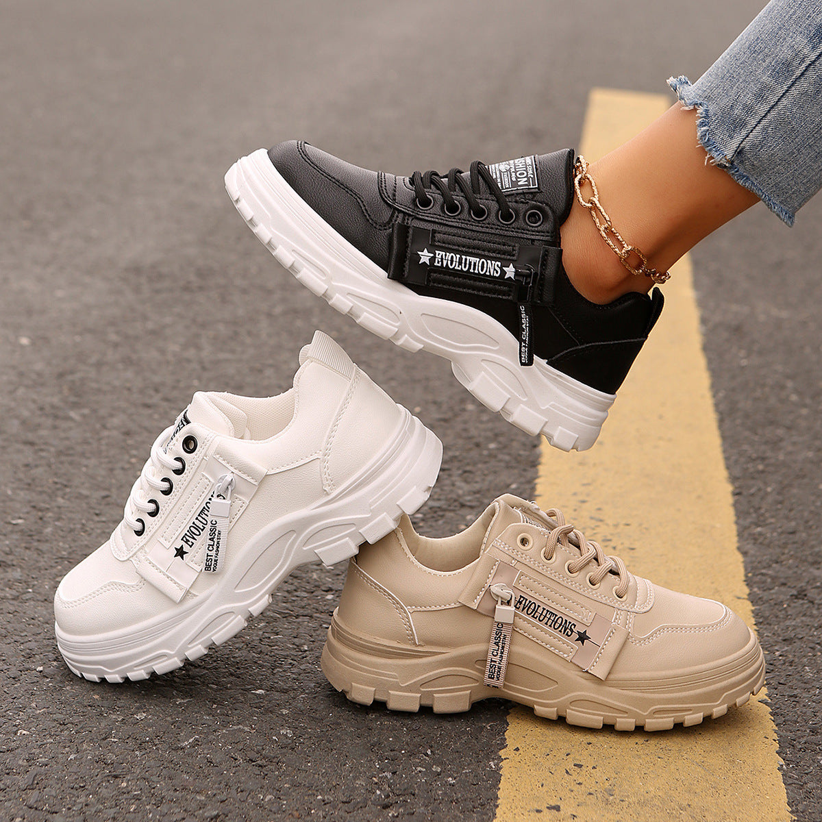 Lace-up Sports Shoes With Side-Zipper Design Fashion Thick-soled Round-toe Casual Shoes For Women Sneakers CJ US