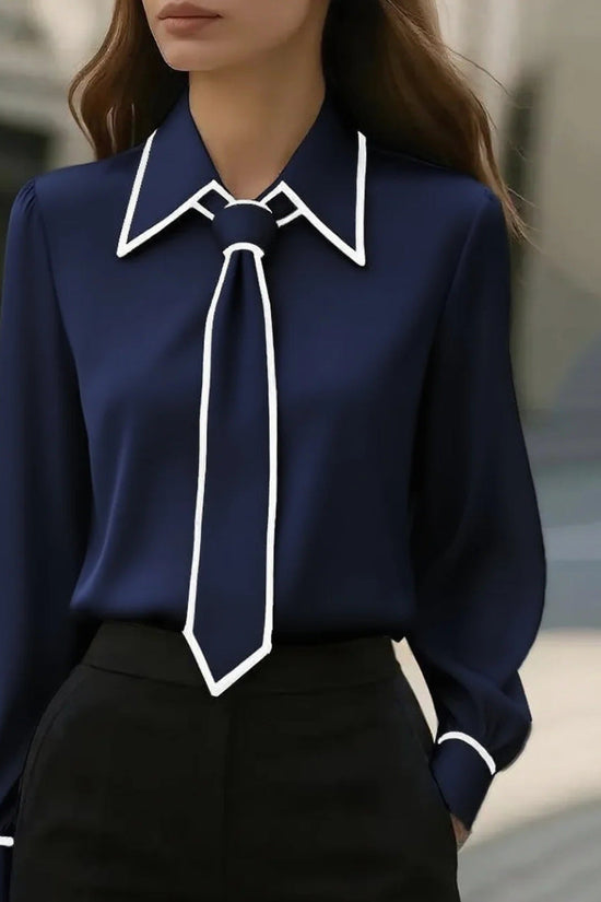 Autumn Fashion Solid Color Commute Tie Design Long Sleeve Shirt Women's Clothing 