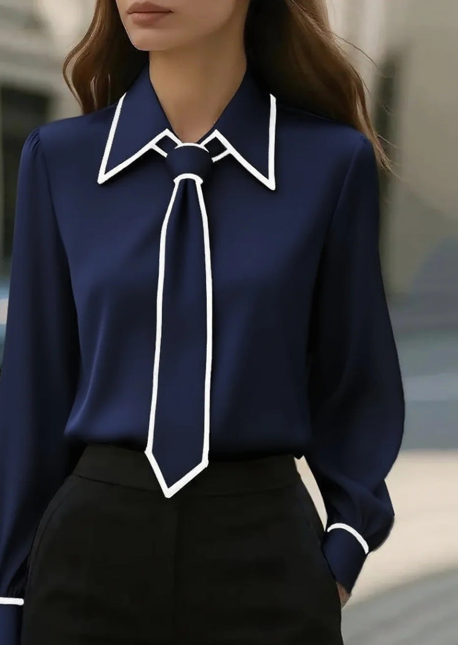 Autumn Fashion Solid Color Commute Tie Design Long Sleeve Shirt Women's Clothing 