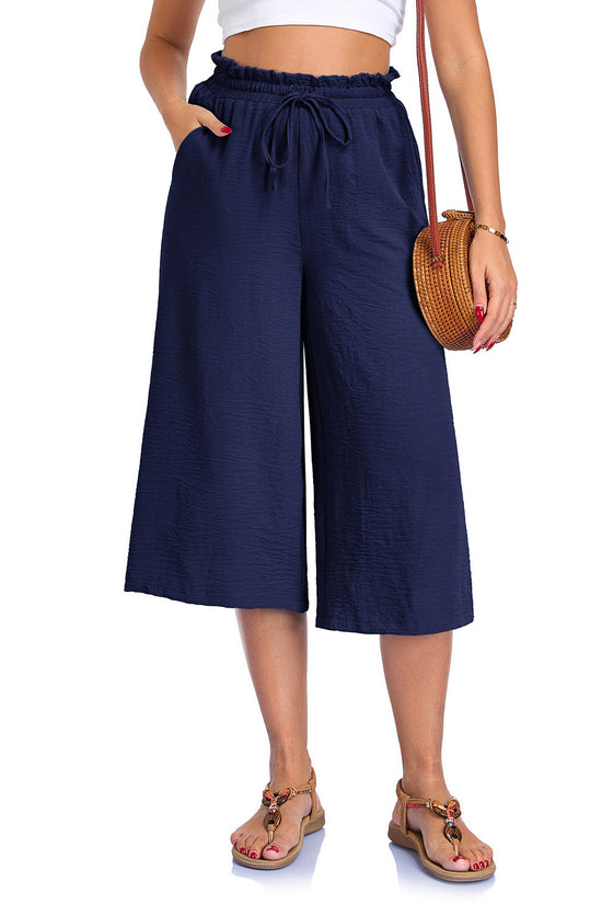 Women's Solid Color All-Match Elastic Cropped Pants Loose Wide-Leg Trousers 