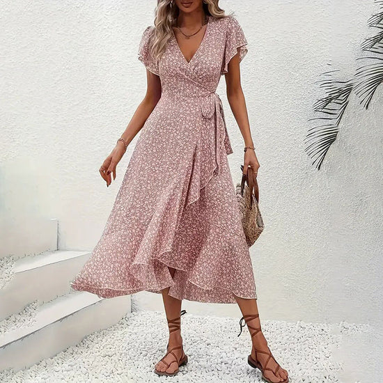 Summer Floral Boho Dress - Short Sleeve Ruffle Flowy Maxi Dresses CJ US