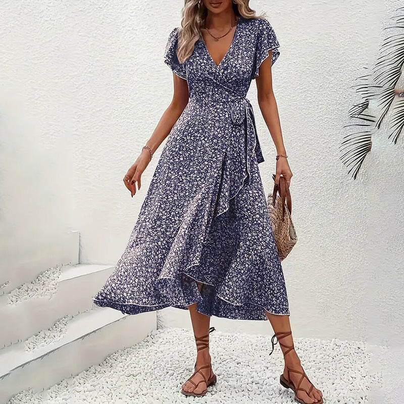 Women's Summer Floral Boho Dress Wrap V Neck Short Sleeve Ruffle A-Line Flowy Maxi Dresses CJ US