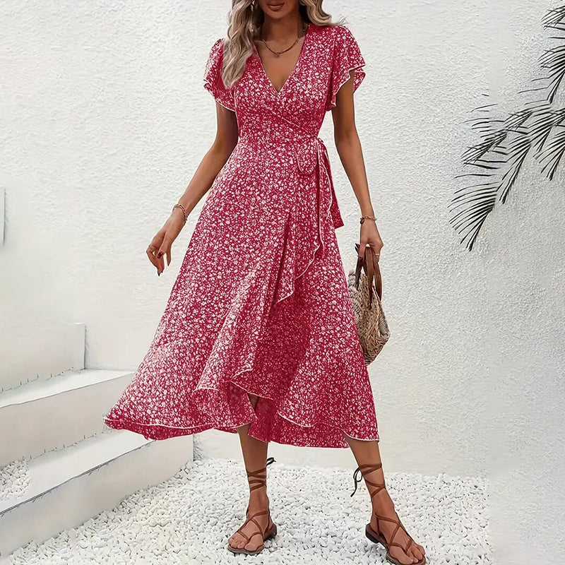 Women's Summer Floral Boho Dress Wrap V Neck Short Sleeve Ruffle A-Line Flowy Maxi Dresses CJ US