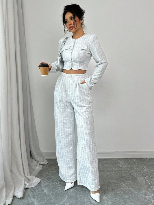Women’s Tweed Pearl-Button Jacket & Pants Set CJ