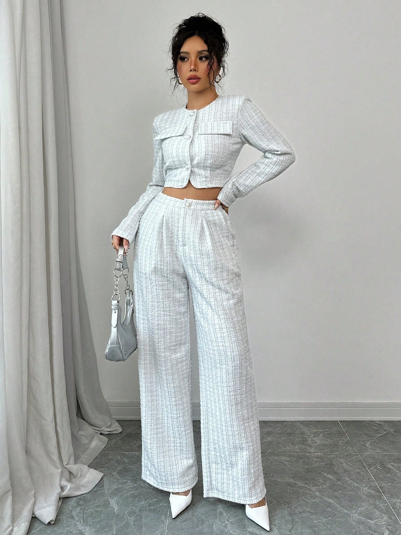 Spring And Autumn Long-sleeve Short-pants Suit, Tweed Short Jacket With Pearl Buttons, Elegant Round Neck Pearl Button Textured Jacket And Long Pants, Suitable For Commuting, Leisure, Dating, And Vaca CJ