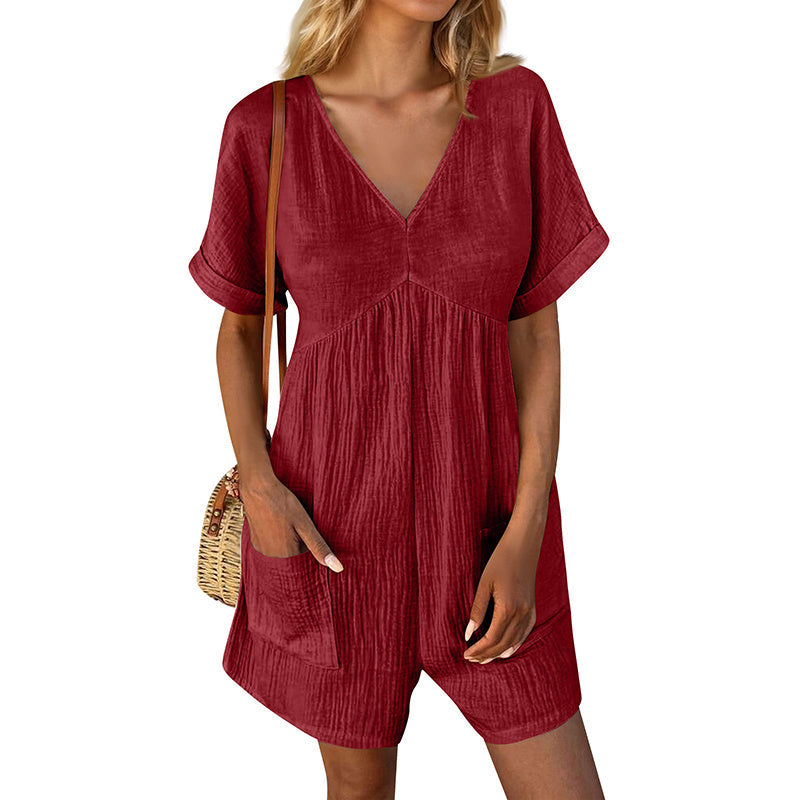 Summer Romper Casual Short Sleeve V Neck Short Jumpsuits CJ US