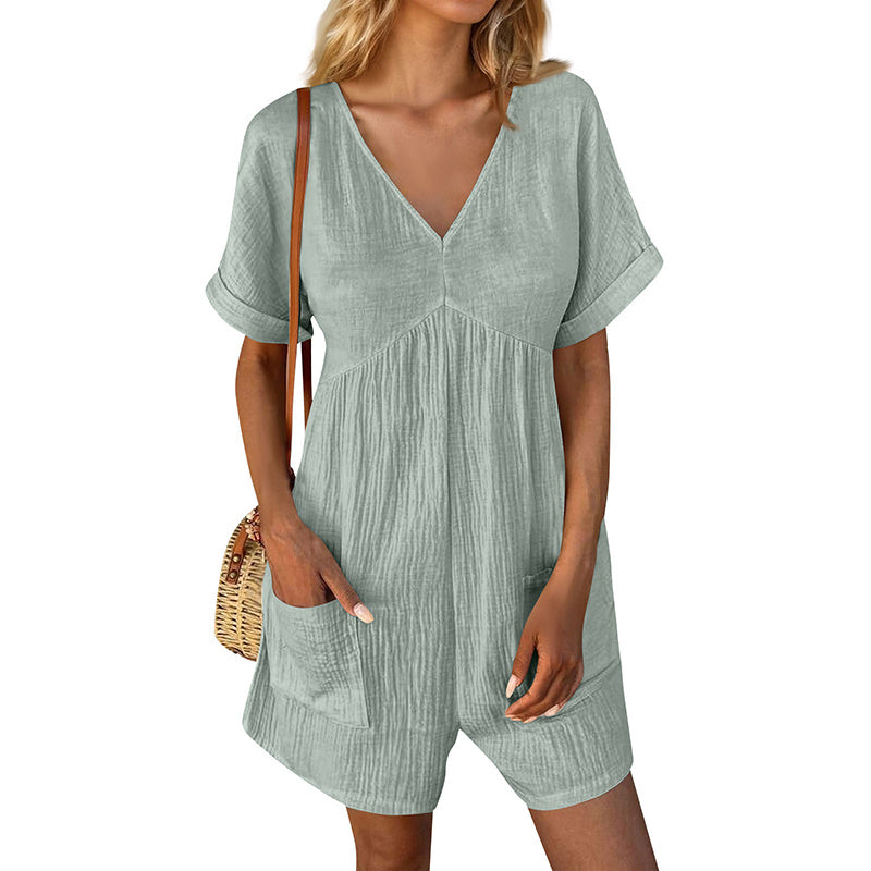 Summer Romper Casual Short Sleeve V Neck Short Jumpsuits CJ US
