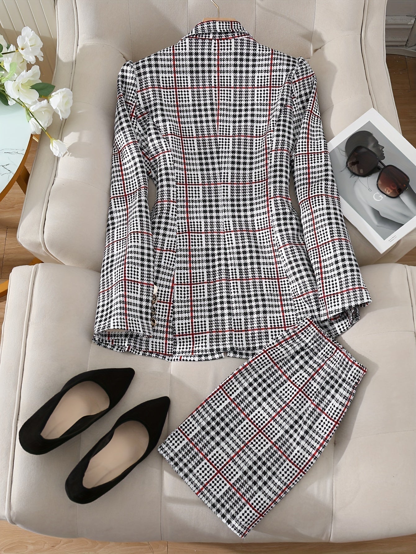 Ladies Fashion Casual Slim Suit Two-piece Plus-size Suit, Plaid Pattern Elegant Skirt Suit With Buttons, Lapel Long Sleeve Suit Jacket And High Waist Skirt, Plus-size Women'S Wear Amazon Don't Sell CJ
