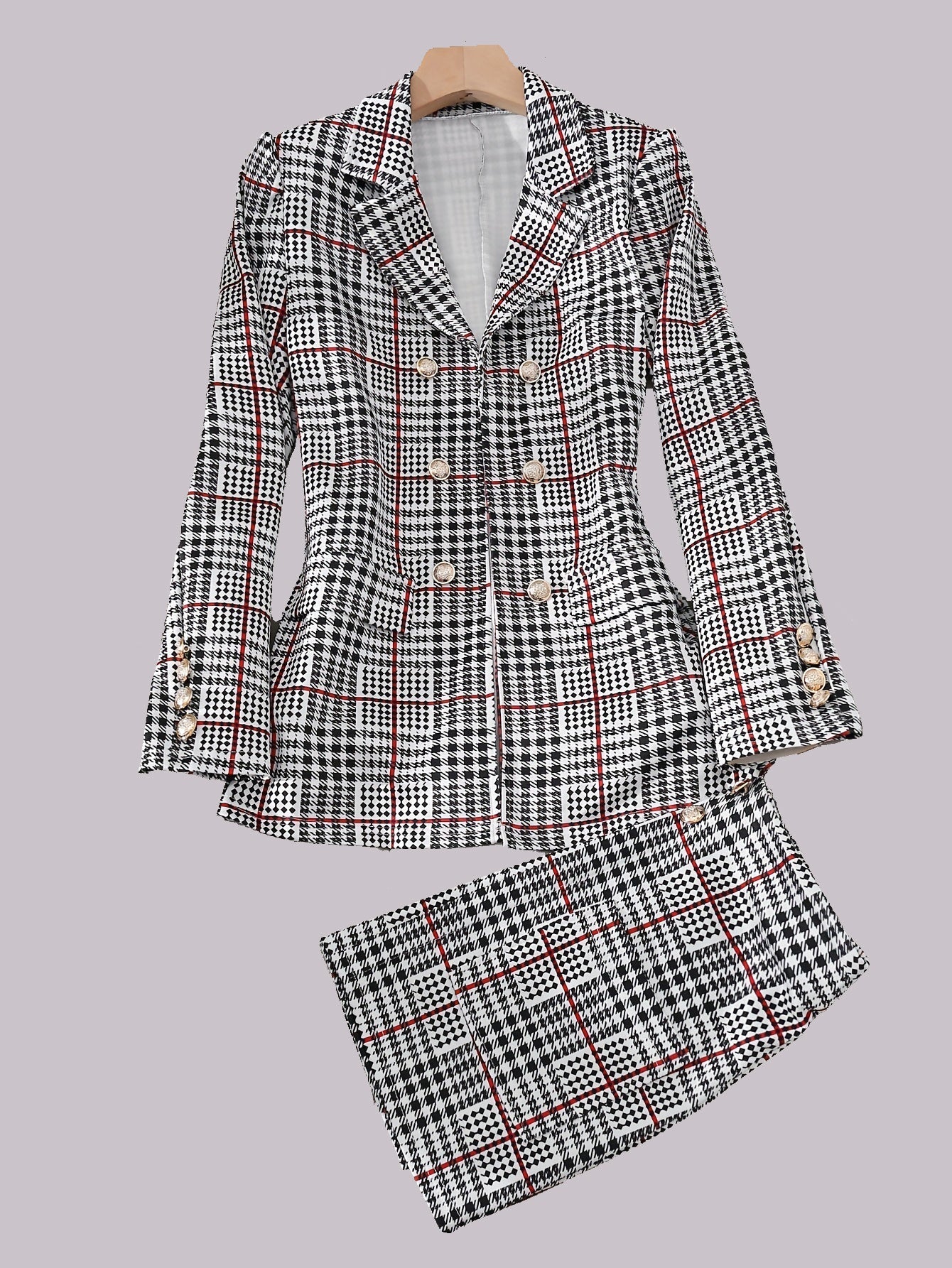Ladies Fashion Casual Slim Suit Two-piece Plus-size Suit, Plaid Pattern Elegant Skirt Suit With Buttons, Lapel Long Sleeve Suit Jacket And High Waist Skirt, Plus-size Women'S Wear Amazon Don't Sell CJ