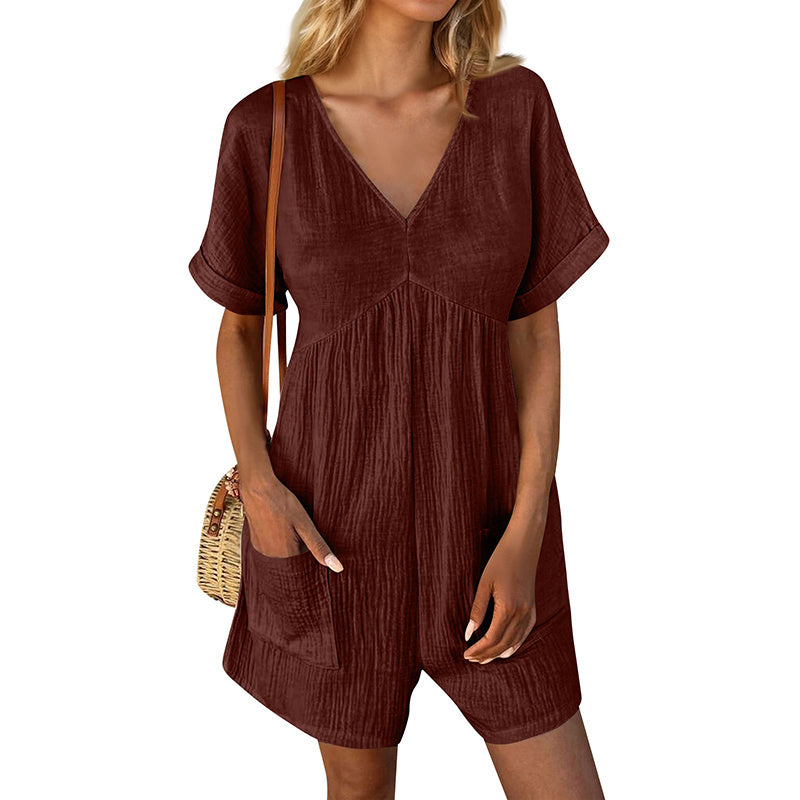 Summer Romper Casual Short Sleeve V Neck Short Jumpsuits CJ US