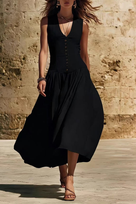V-Neck Buttoned Chic Elegant Sleeveless Cotton-Linen Dress 