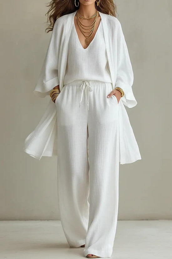 Womens Solid Color V-Neck Cardigan Vest With Pockets And Long Pants Three-Piece Set 