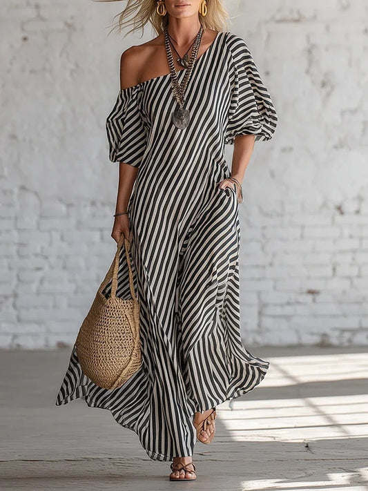 Spring Elegant Striped Off-Shoulder Dress 