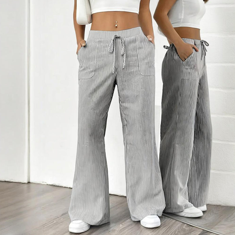 Women's Striped Print Straight Wide Leg Pants Drawstring Waist Slant Pockets Pants Casual Long Pants CJ US