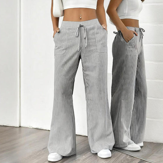 Women's Striped Print Straight Wide Leg Pockets Pants Casual Long Pants CJ US