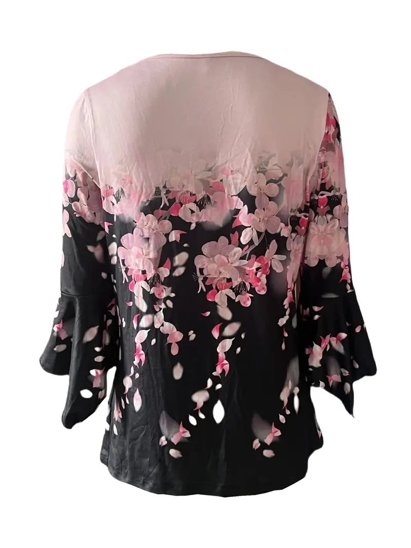 Spring And Autumn New Printed Spike Button Irregular Three-quarter Sleeve T-shirt Casual Top FitiqueFit