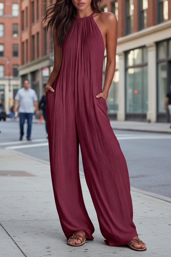 Resort-style White Pleated Open-back Wide-leg Jumpsuit 