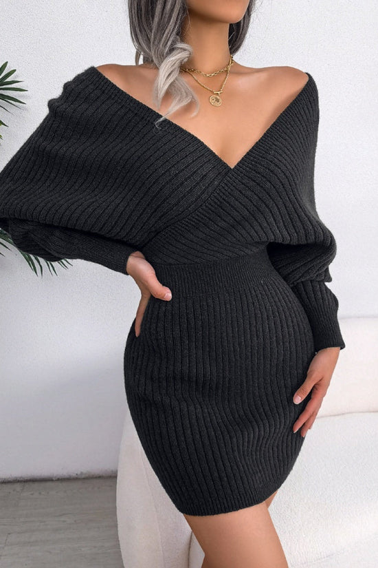 2025 Autumn-Winter Sexy Cross V-neck Bat Skirt With Hip Wrapping, Hairy Dress CJ US