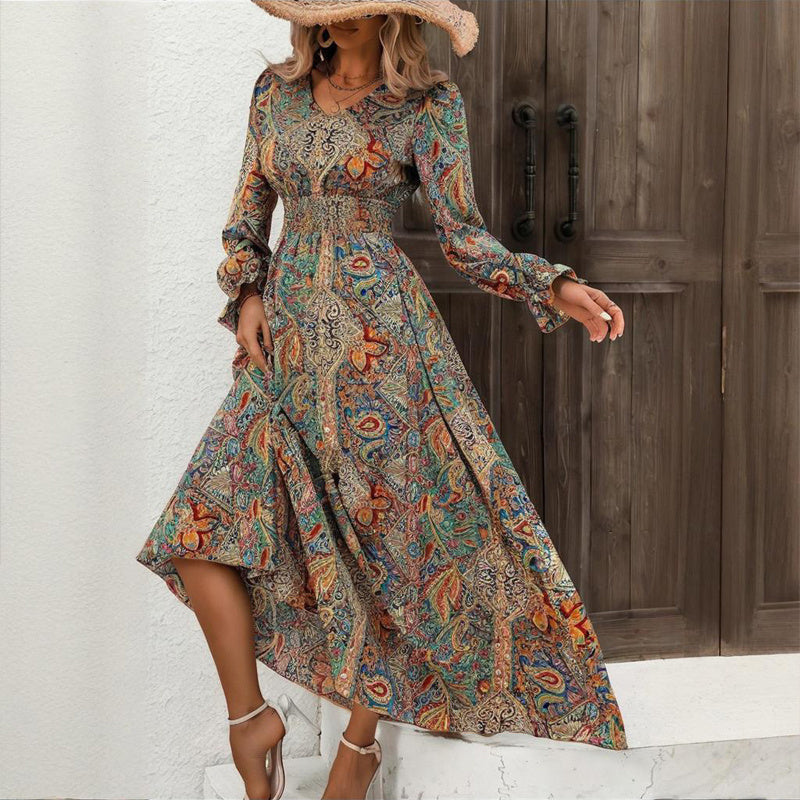 Women's V-Neck Retro Geometric Print Flounce Sleeve Dress - A-Line Maxi Dress With Smocked Waist For Spring&Summer CJ US