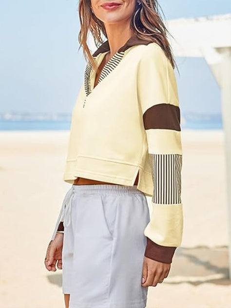 Fisoew Women's Long Sleeve Crop Tops Polo V Neck Color Block Casual Loose Pullover Cropped Sweatshirt Diversi Fashion™
