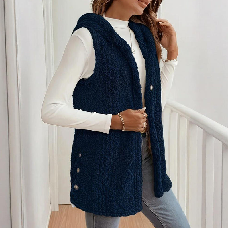 Women's Textured Sleeveless Hooded Vest, Button-Front Layering Piece For Fall & Winter Outfits CJ US