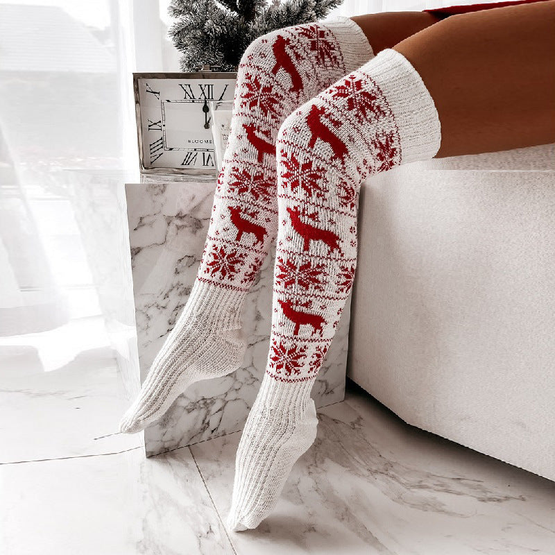 Winter Christmas Warm Knitted Women Stocking Beautiful Elk Snowflake Jacquard Over-the-knee Casual Long Socks For Ladies Gifts Free Size CJ