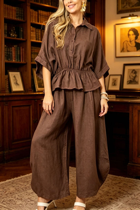 Plus-size Womens Loose Casual Belted Shirt And Wide-leg Pants Set 