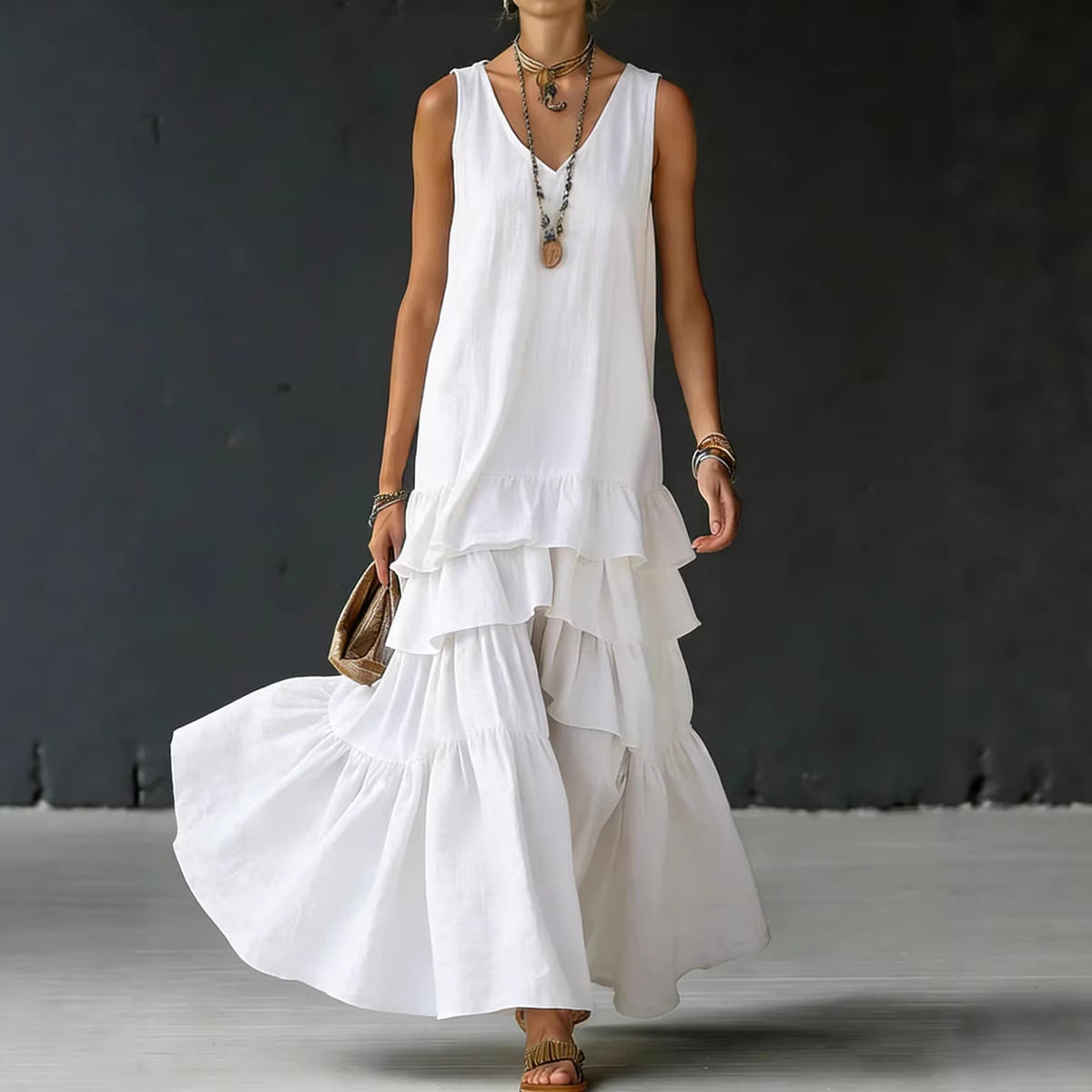 Solid-color Womens Loose-fitting Full-skirted Sleeveless Dress 