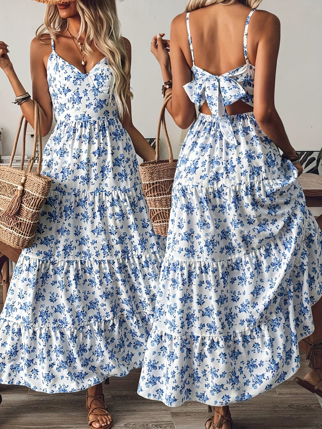 Women's Summer V-Neck Floral Print Strappy Dress - Sexy Backless Bowknot Flowy Maxi Party Dress CJ US