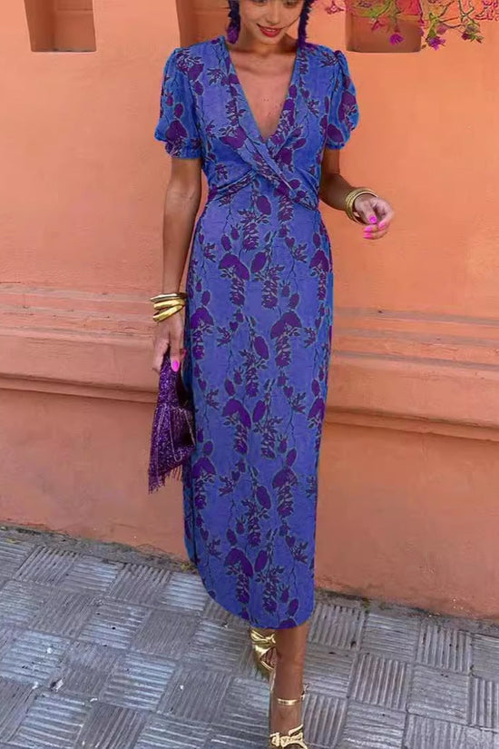 Elegant Form-Fitting Printed Ruched Maxi Dress, V-Neck Short Sleeve 
