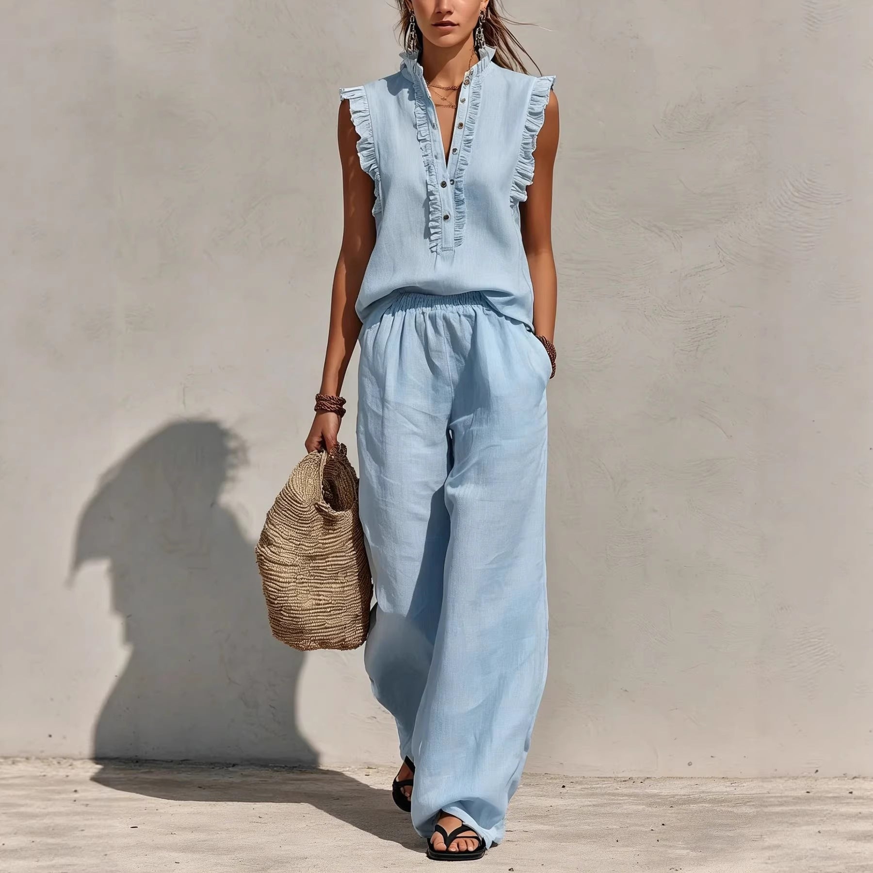 Sleeveless Ruffled V-neck Top And Elastic-waist Wide-leg Pants 