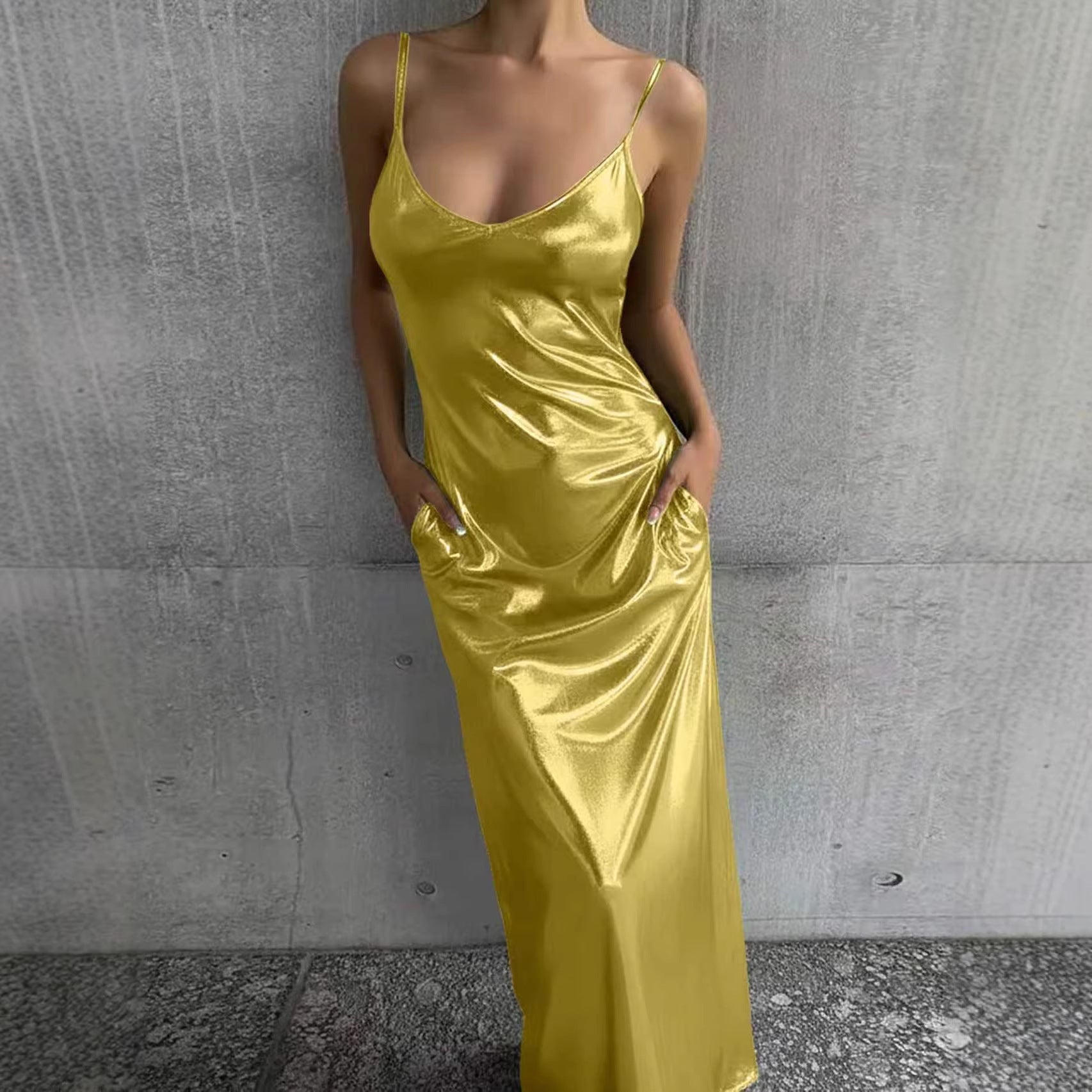 Textured Mirror-Finish Pocket Solid-Color Slip Dress With U-Neck For Women 