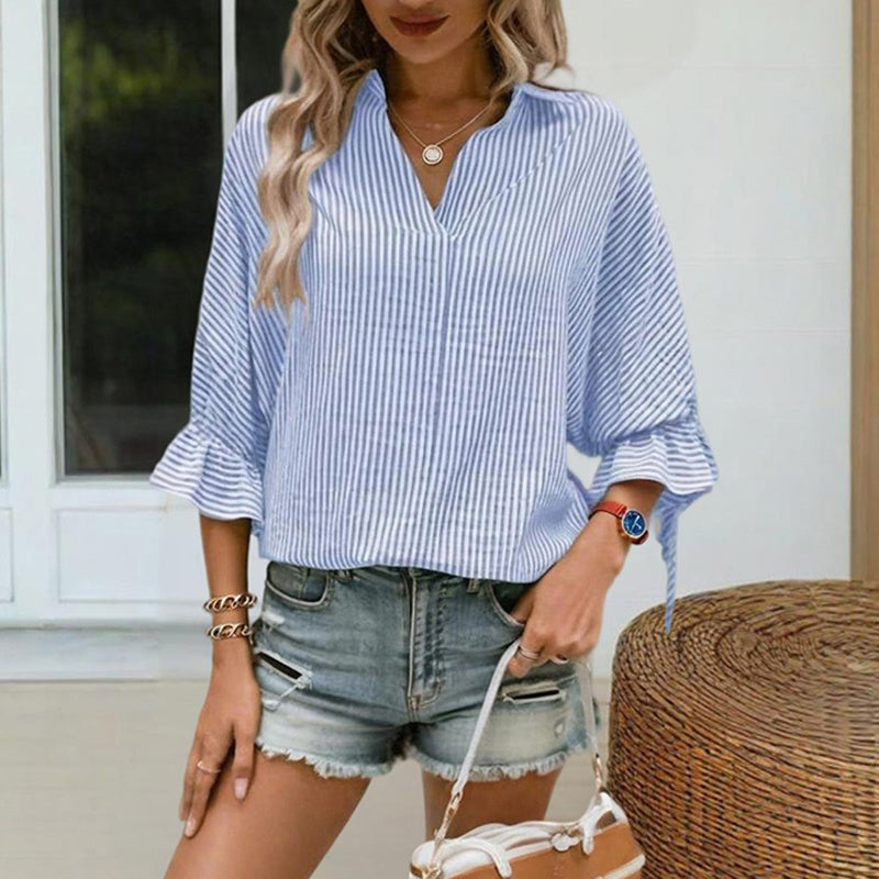Women's V-Neck Striped Short Sleeve Blouse With Ruffled Cuff Tie & Back Slit Design Fashionable Spring&Summer Top CJ US