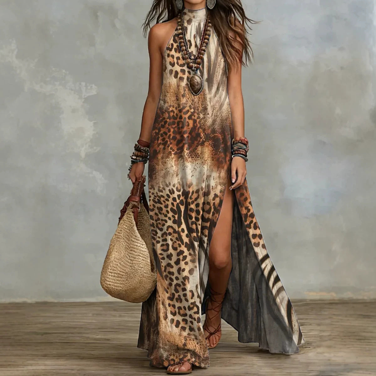 Split Sleeveless Multicolored Printed Maxi Dress 