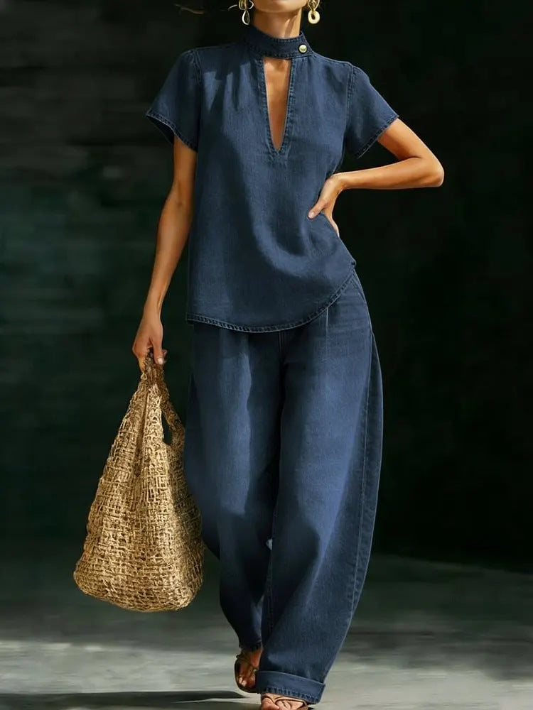 Solid-color Short-sleeve Casual Loose-fit Faux Denim Two-piece Set 