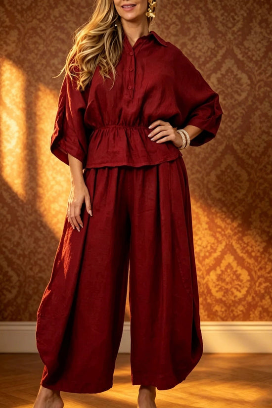 Plus-size Womens Loose Casual Belted Shirt And Wide-leg Pants Set 