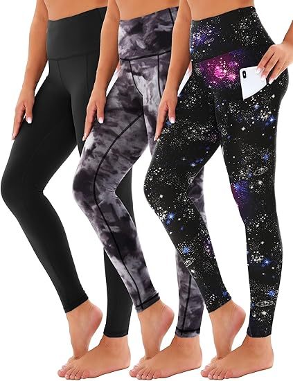 Yoga Pants - Cropped High-waisted Slanted Pockets, 3 Pieces Of Polyester Double Grind Black, Polyester Double Grind Black Tie-dye, Polyester Double Grind Blue Purple Starry Sky CJ US