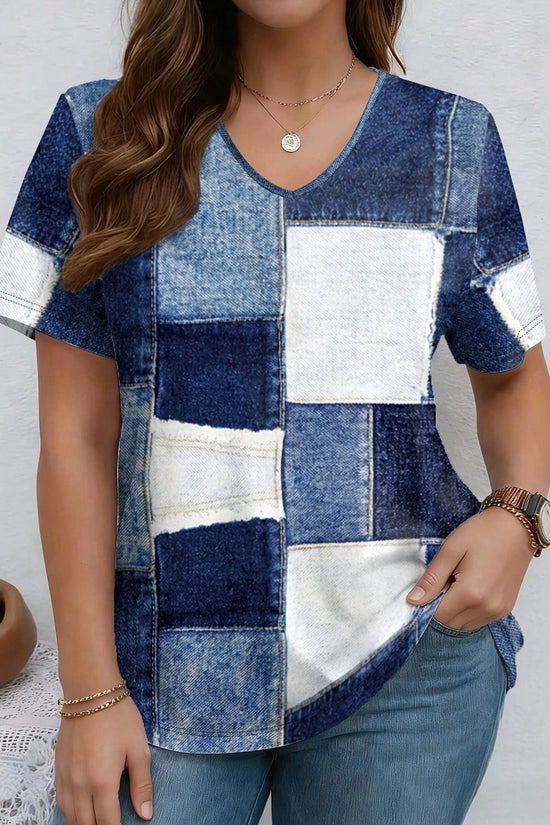Womens Summer New V-Neck Denim Printed Short-Sleeve T-Shirt 