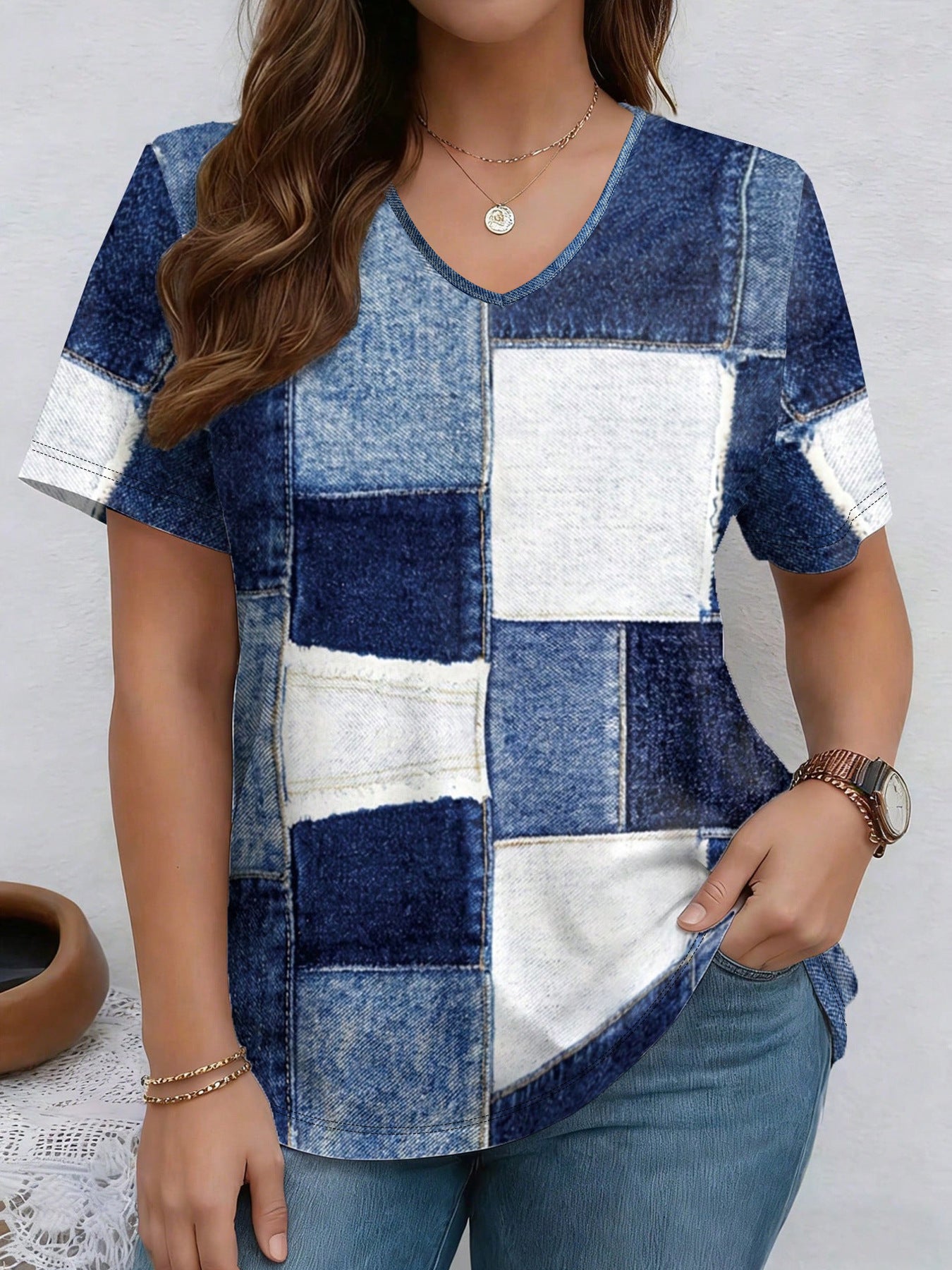 Womens Summer New V-Neck Denim Printed Short-Sleeve T-Shirt 