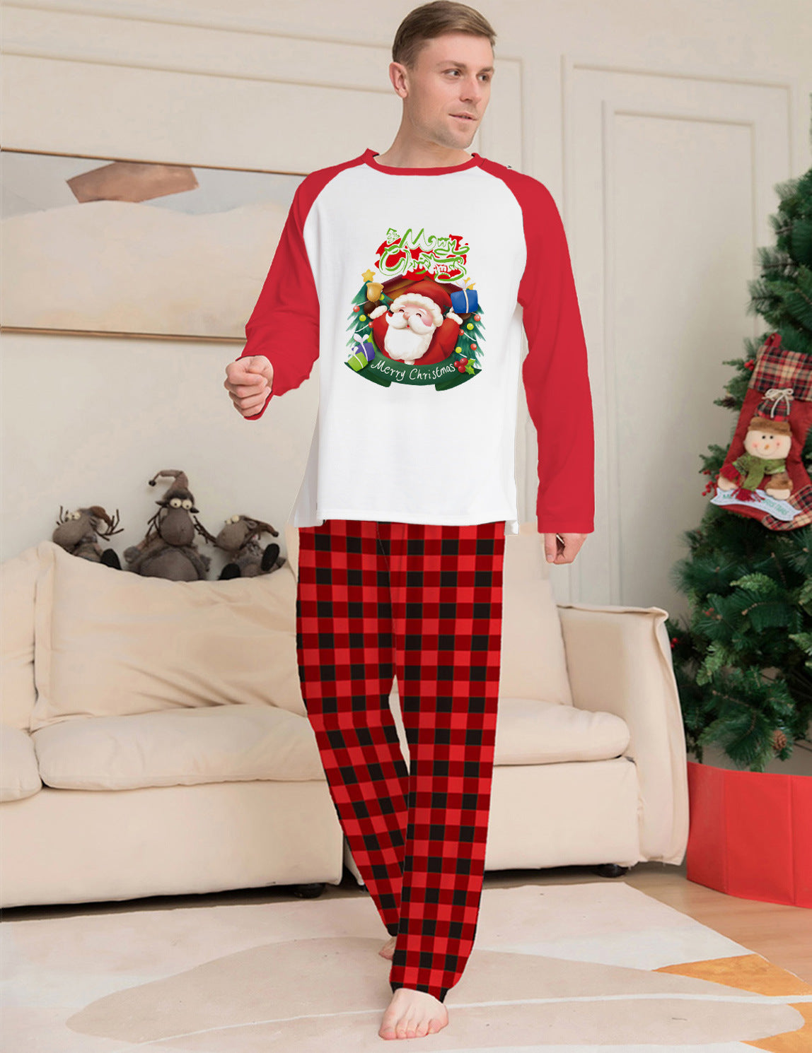 Christmas Parent-Child Clothes Set Long Sleeve T-Shirt Plaid Pants Family Matching Pajamas CJ