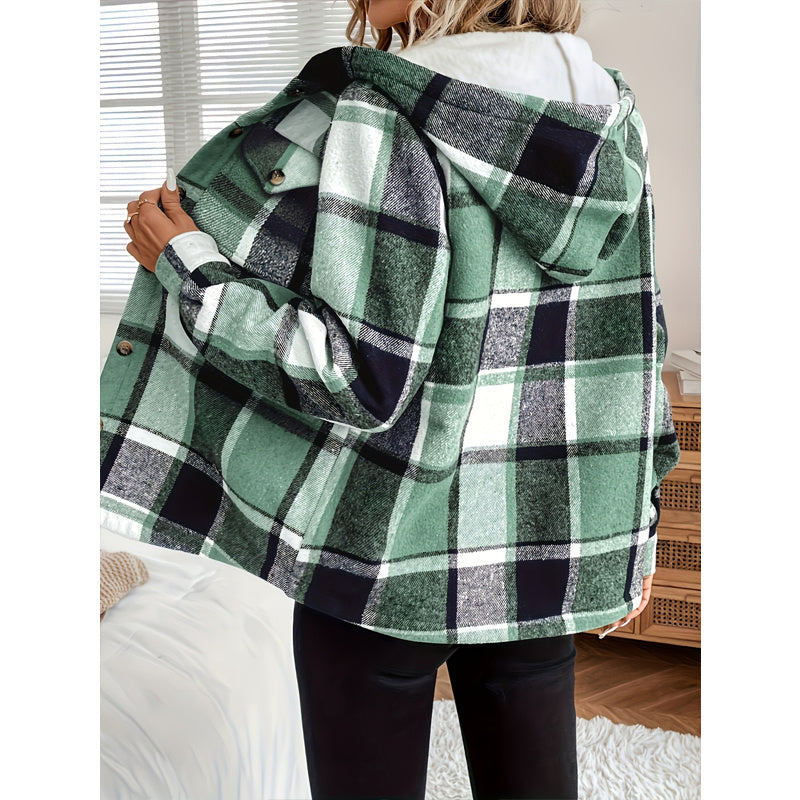 Women's Plaid Fleece Lined Hooded Jacket Button Front Long Sleeve Coat With Pocket For Autumn & Winter CJ US