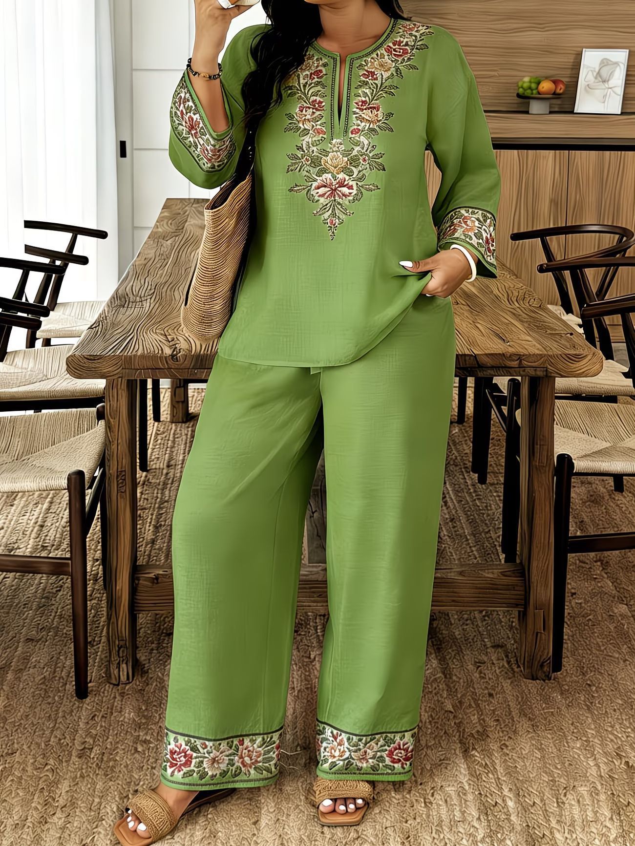 Long-sleeve Lace Floral Long-sleeve Ethnic-style Middle Eastern Set 