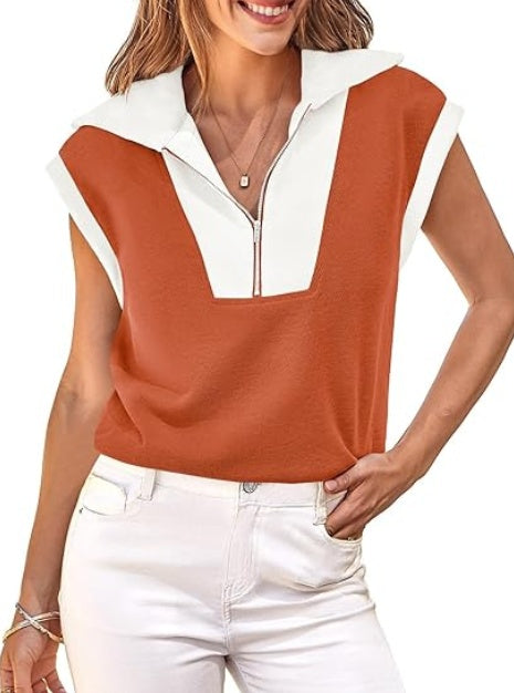 Fisoew Womens Half Zip Sweatshirts Short Sleeve Color Block Lapel V Neck Loose Summer Pullover Tops CJ US
