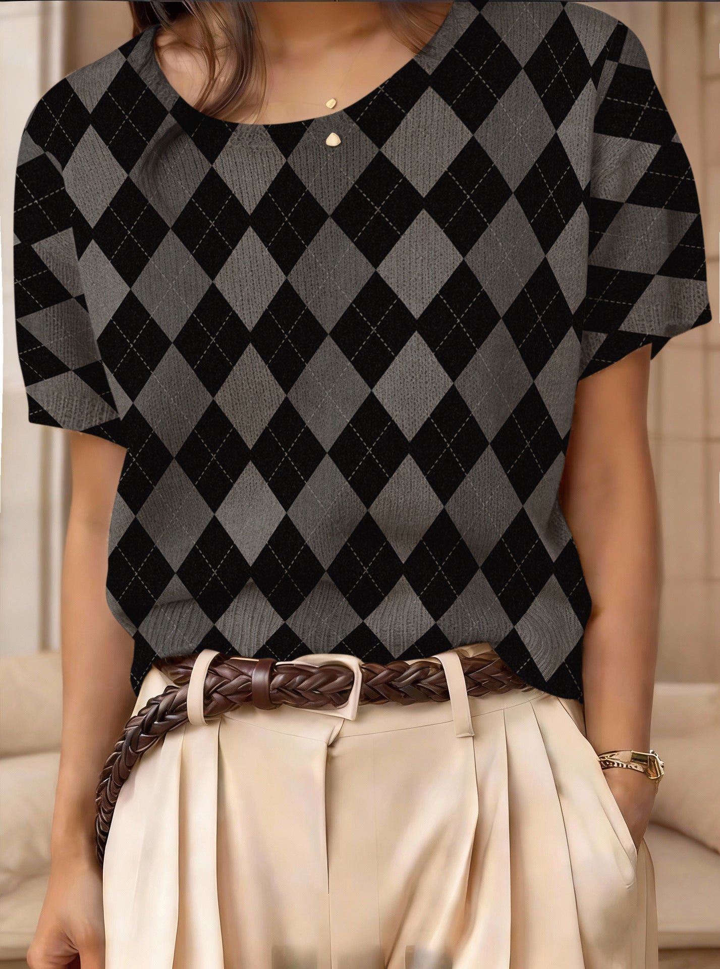 Retro Short-Sleeve Sweater Contrast-Color Jacquard Knit Top 