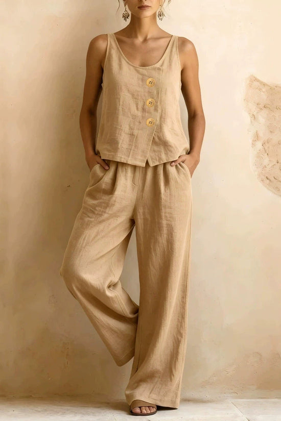 Women's Cotton Linen Sleeveless Tank Top & Pants Two-Piece Set 